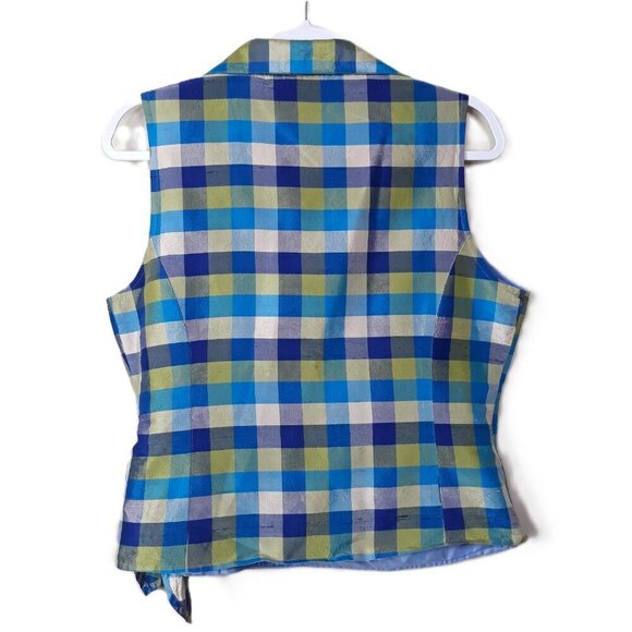Lot-Anne Carson Silk Blue Plaid Cropped Wrap Top & Green Plaid Top M Sleeveless - Picture 8 of 13